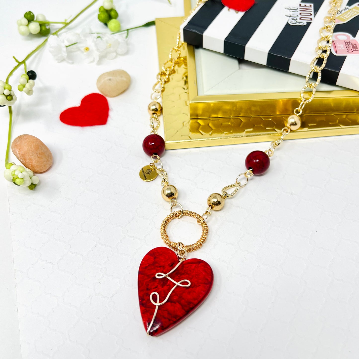 Red Heart Charm Gold Chain Necklace For Women, Link Chain