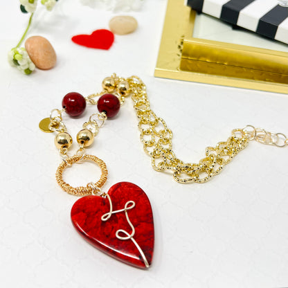 Red Heart Charm Gold Chain Necklace For Women, Link Chain