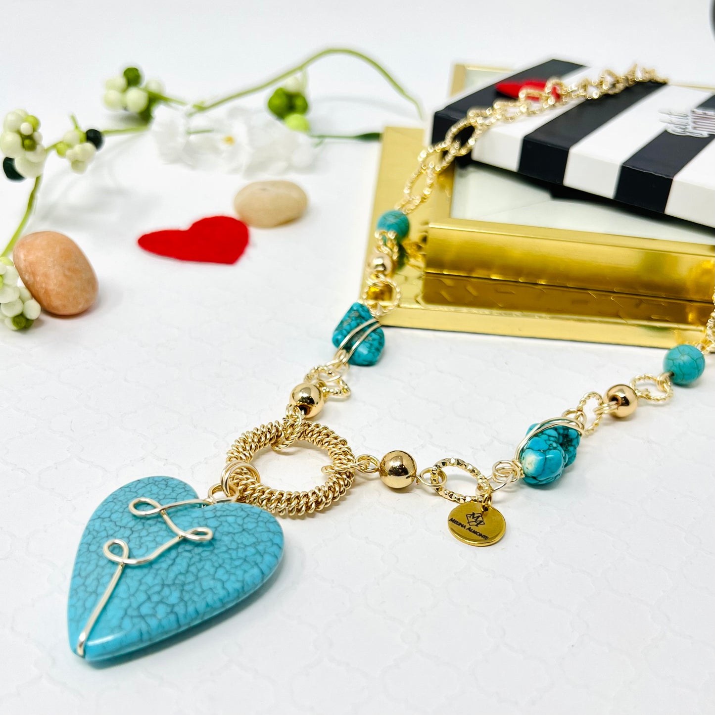 Blue Heart Charm Gold Chain Necklace For Women, Link Chain