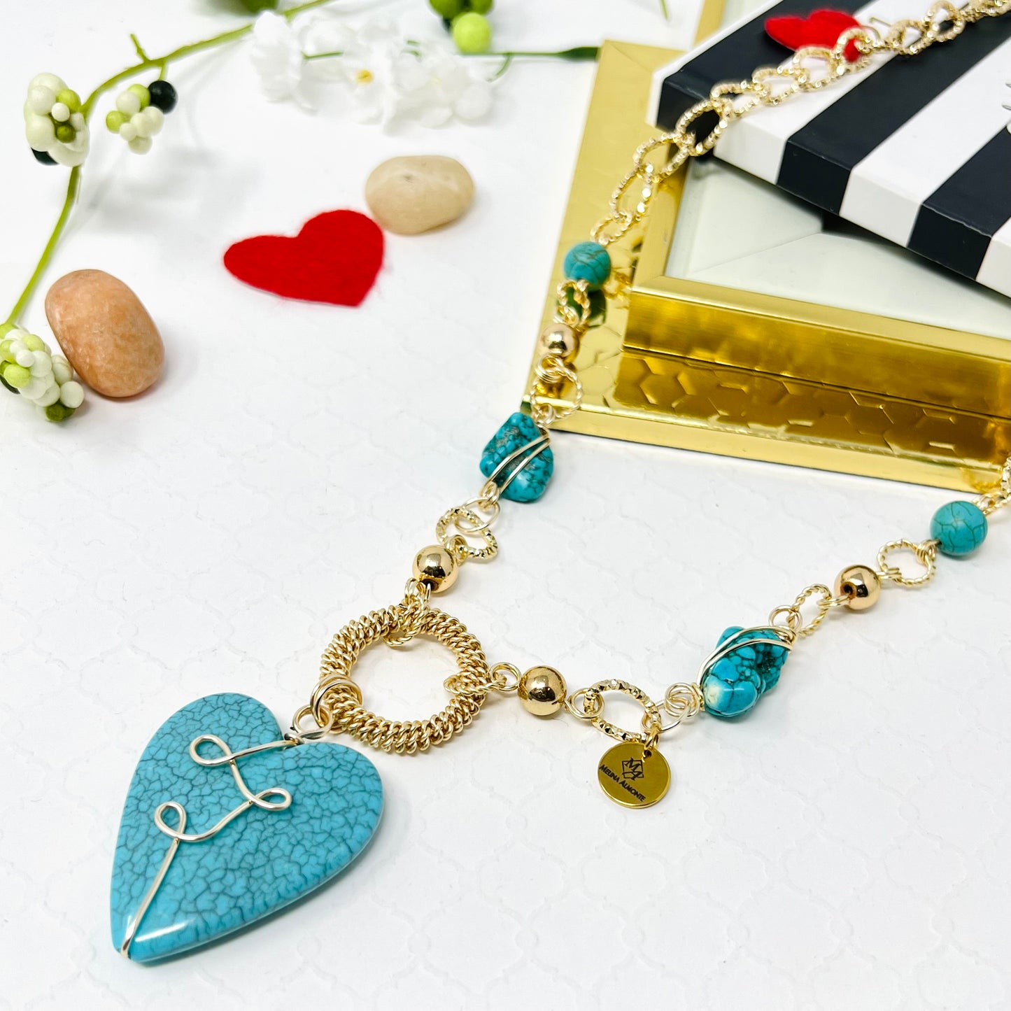 Blue Heart Charm Gold Chain Necklace For Women, Link Chain