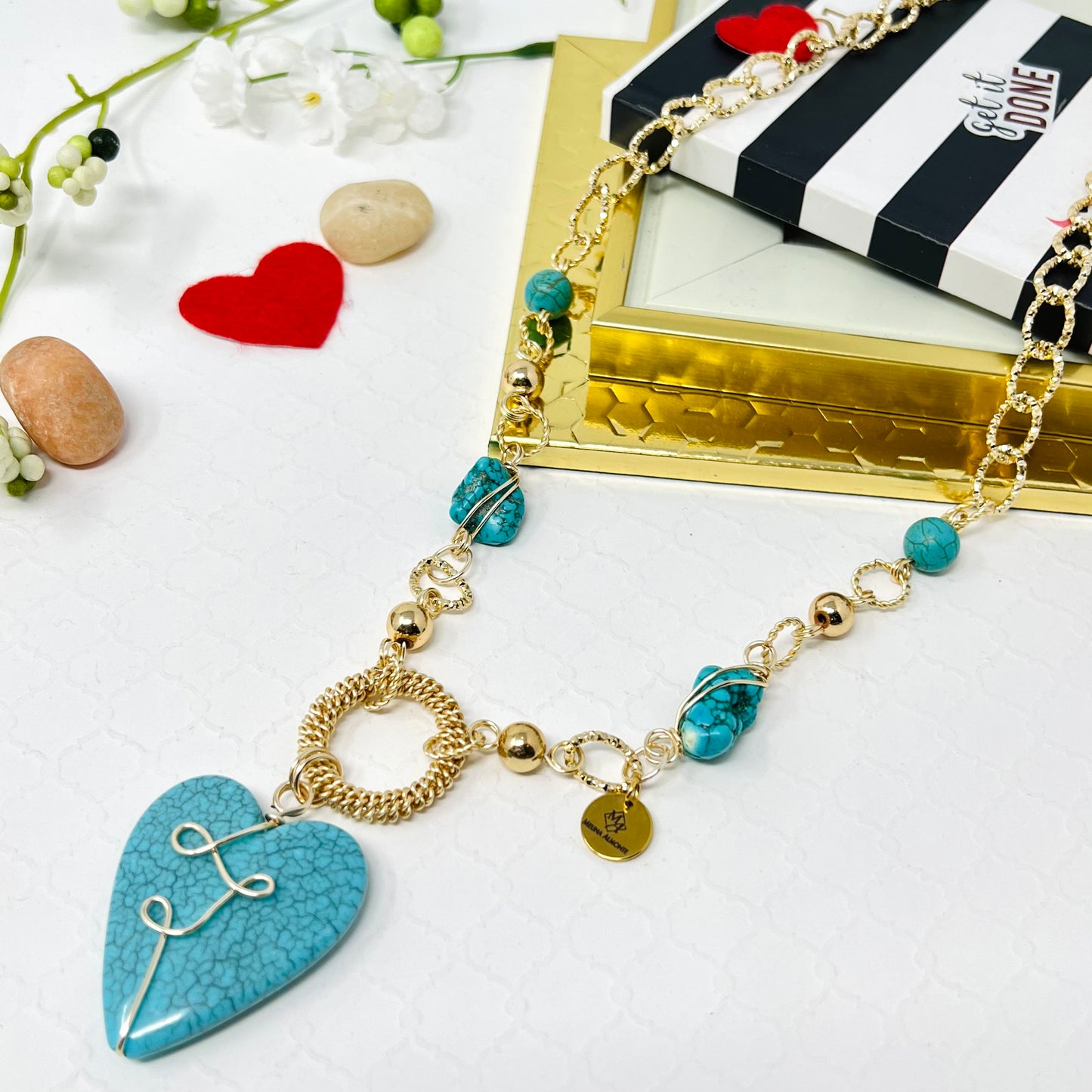 Blue Heart Charm Gold Chain Necklace For Women, Link Chain