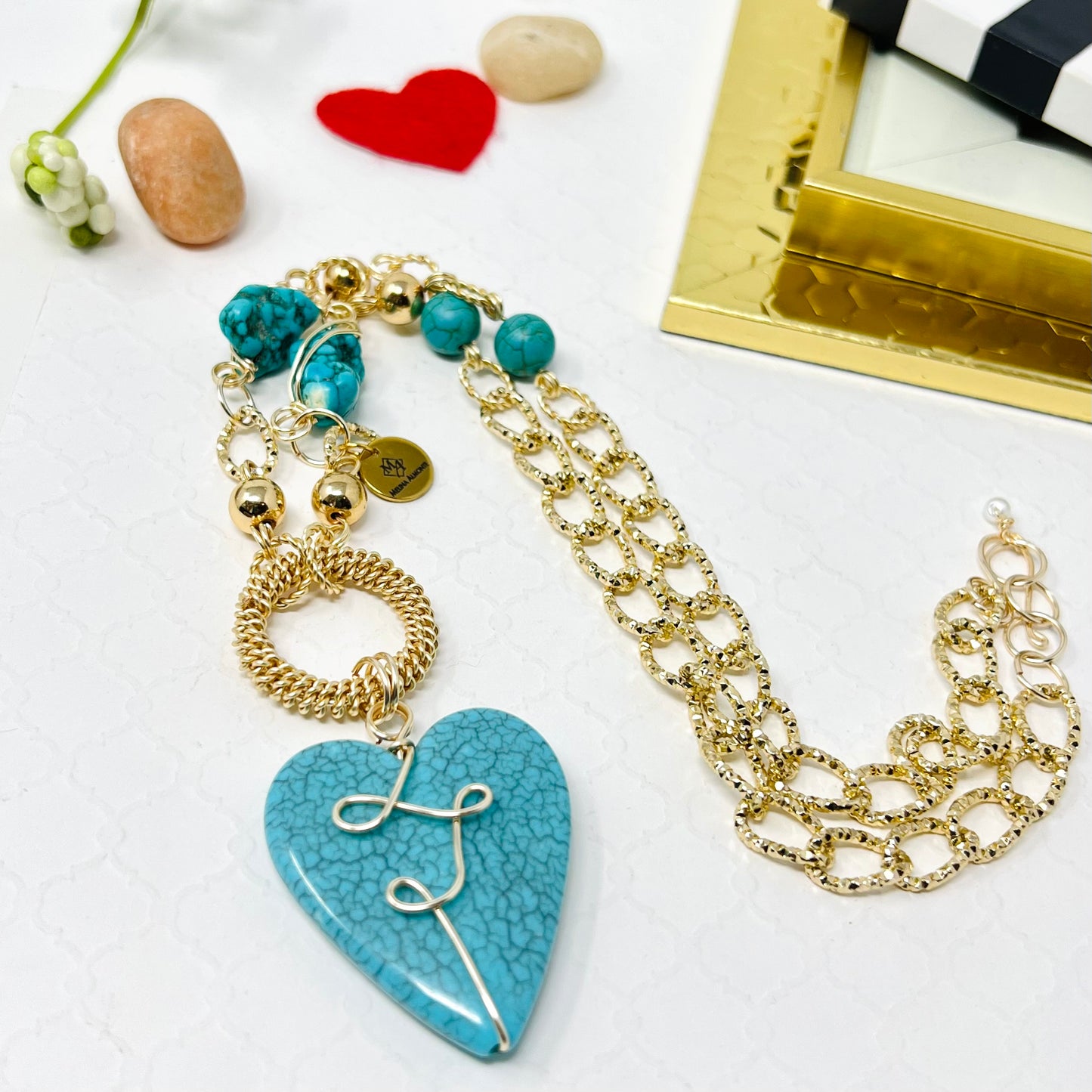 Blue Heart Charm Gold Chain Necklace For Women, Link Chain