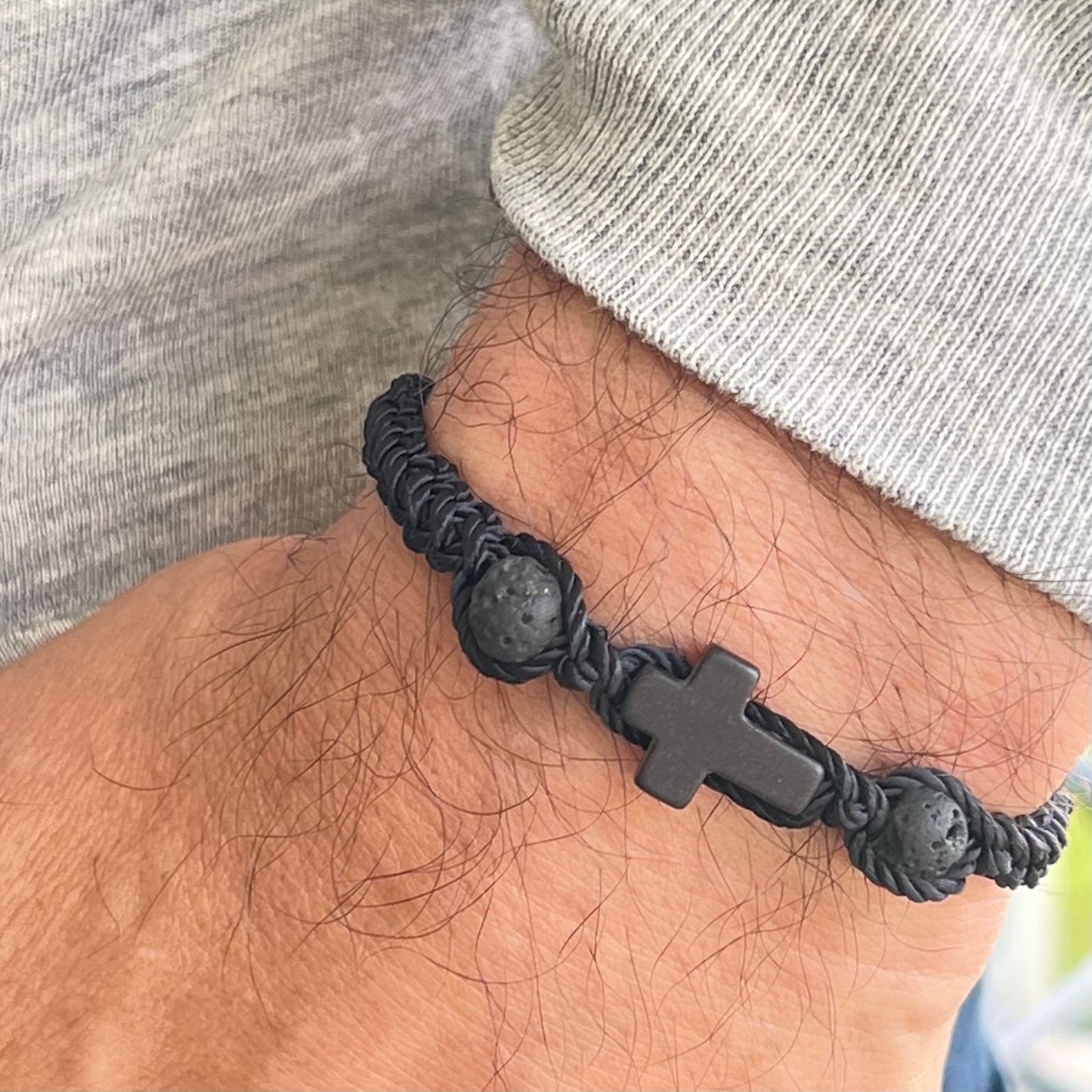 Cross bracelet men bead, string woven bracelet, Christian religious catholic protection, black cord, Christmas gift for him, boyfriend