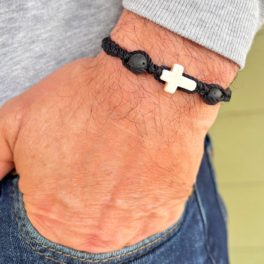 Cross bracelet men bead, string woven bracelet, Christian religious catholic protection, black cord, Christmas gift for him, boyfriend