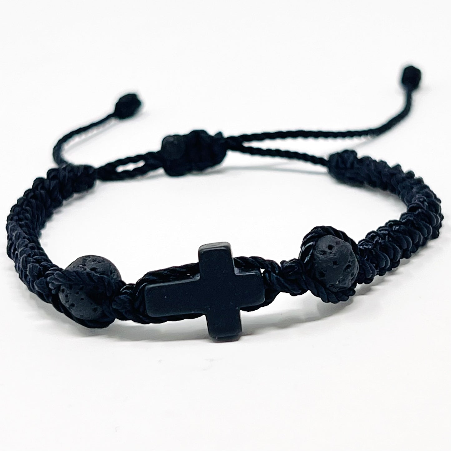 Cross bracelet men bead, string woven bracelet, Christian religious catholic protection, black cord, Christmas gift for him, boyfriend