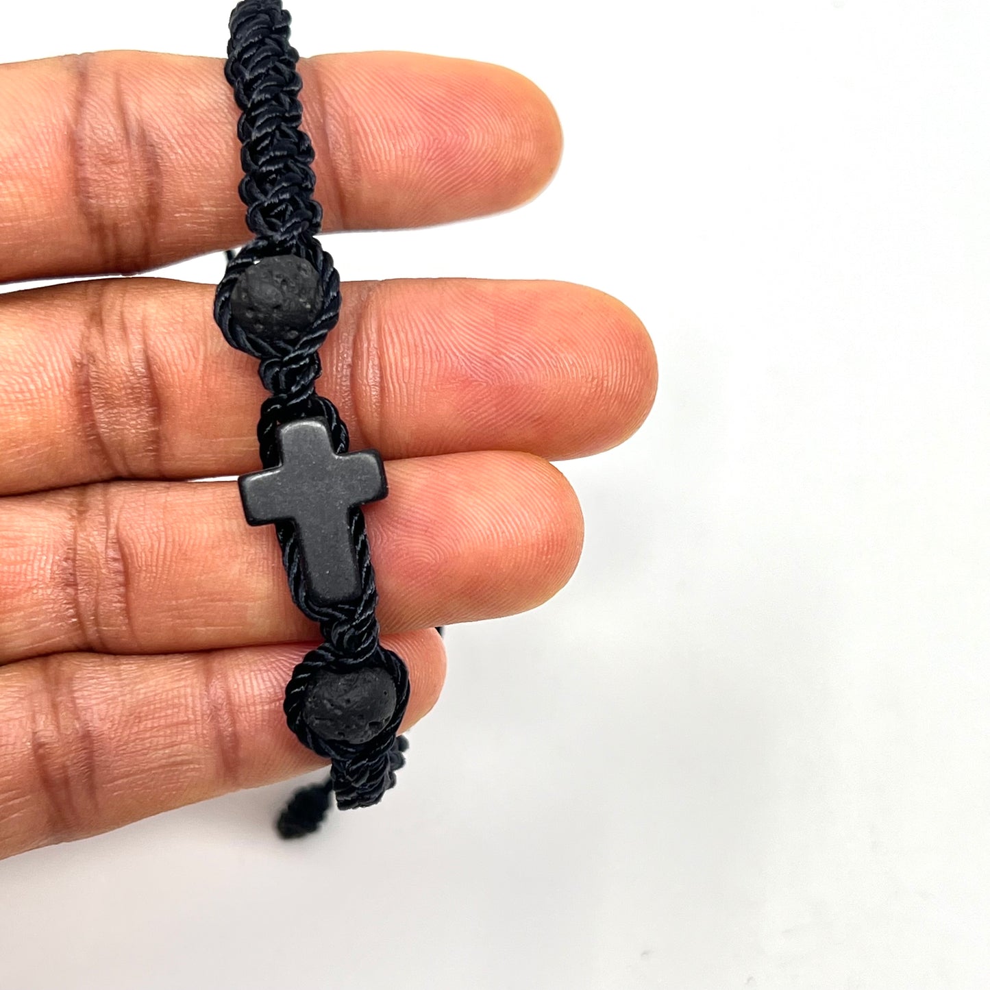 Cross bracelet men bead, string woven bracelet, Christian religious catholic protection, black cord, Christmas gift for him, boyfriend