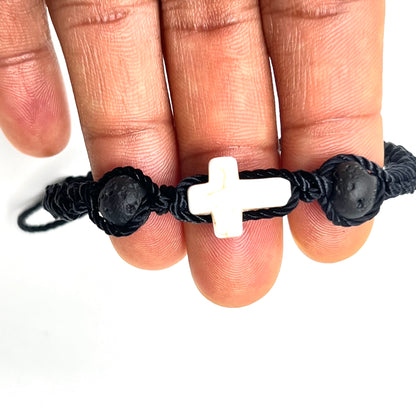 Cross bracelet men bead, string woven bracelet, Christian religious catholic protection, black cord, Christmas gift for him, boyfriend