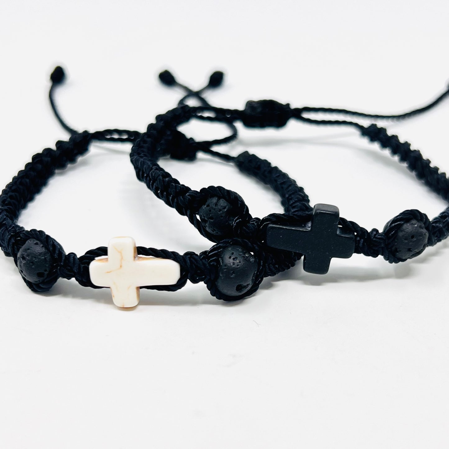 Cross bracelet men bead, string woven bracelet, Christian religious catholic protection, black cord, Christmas gift for him, boyfriend
