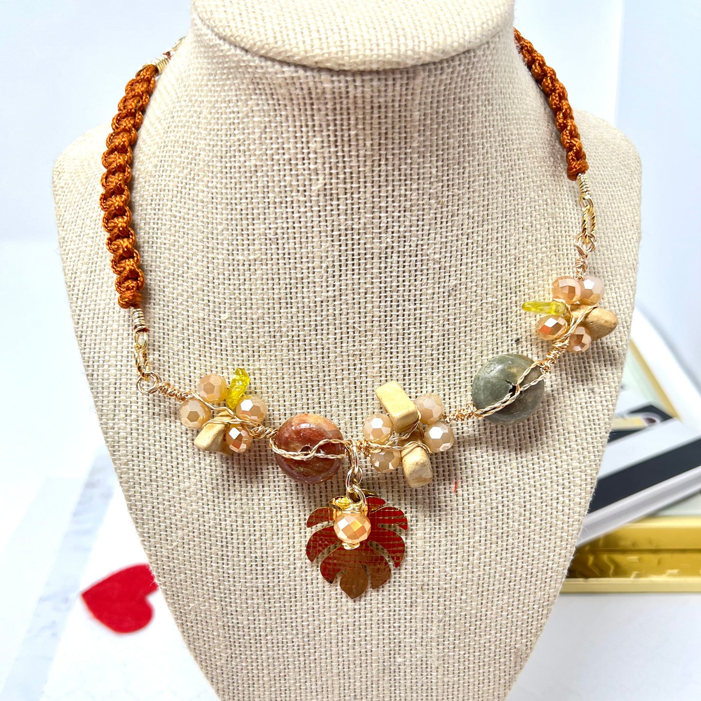 Braided Choker Necklace In Macrame, Wire And Gold Laminated Pendant And Natural Stones