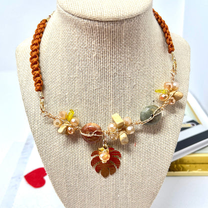 Braided Choker Necklace In Macrame, Wire And Gold Laminated Pendant And Natural Stones