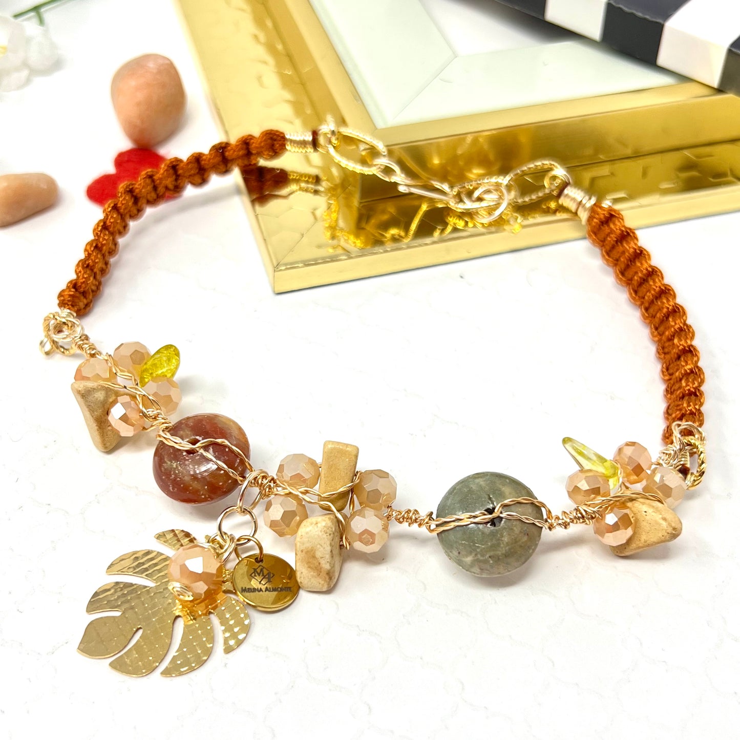 Braided Choker Necklace In Macrame, Wire And Gold Laminated Pendant And Natural Stones
