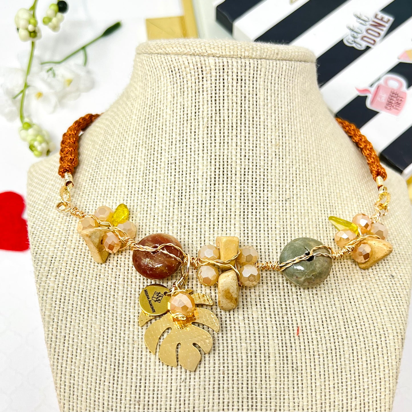 Braided Choker Necklace In Macrame, Wire And Gold Laminated Pendant And Natural Stones