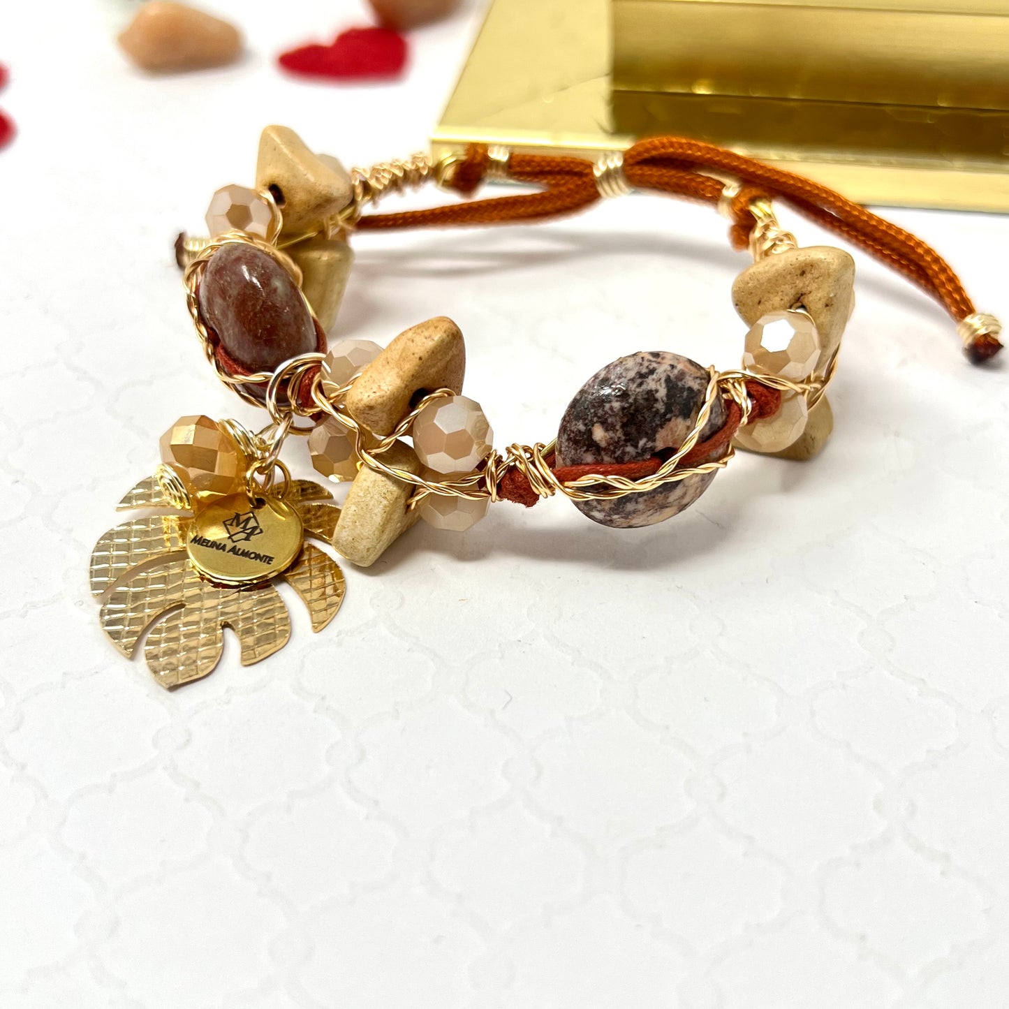 Adjustable Laminated Wire Woven Natural Bead Bracelet
