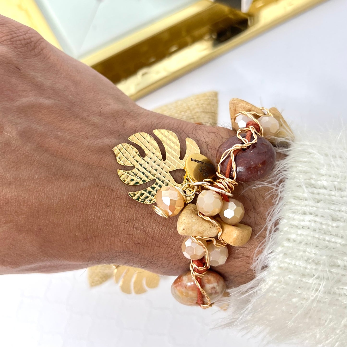 Adjustable Laminated Wire Woven Natural Bead Bracelet