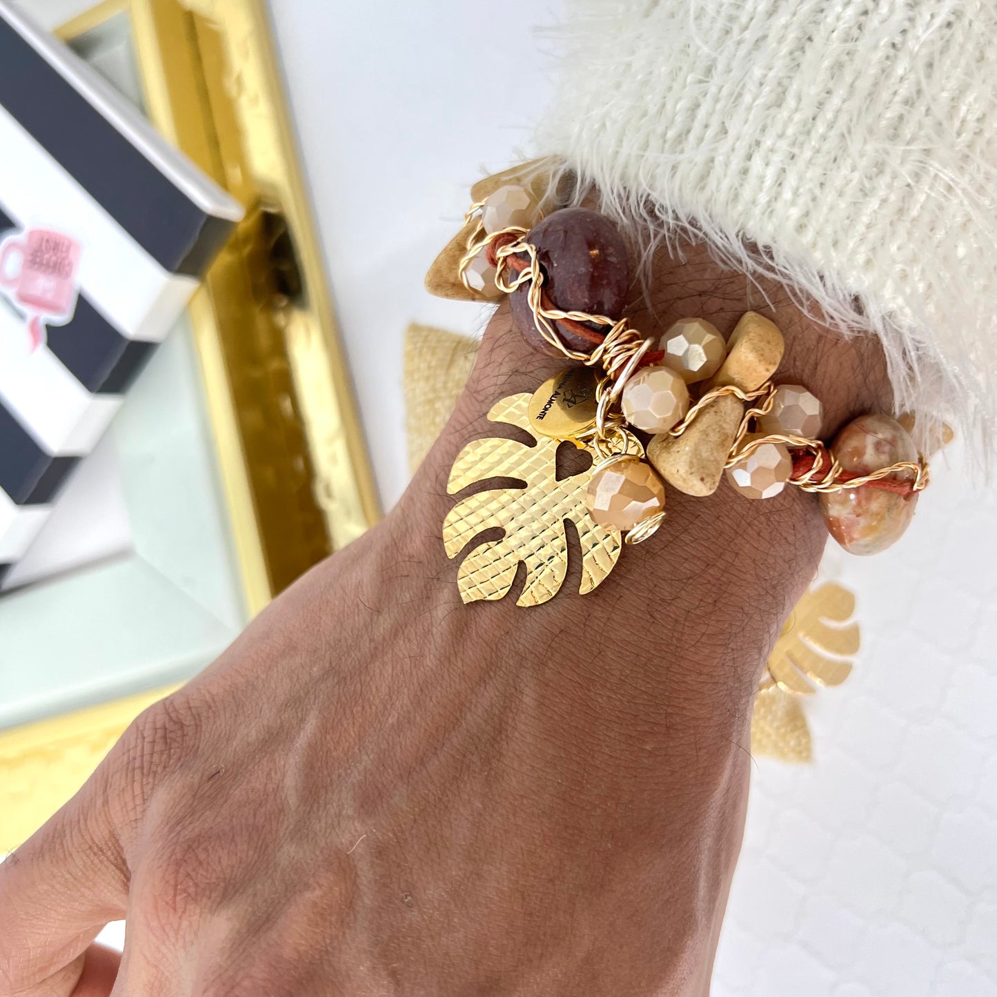 Adjustable Laminated Wire Woven Natural Bead Bracelet