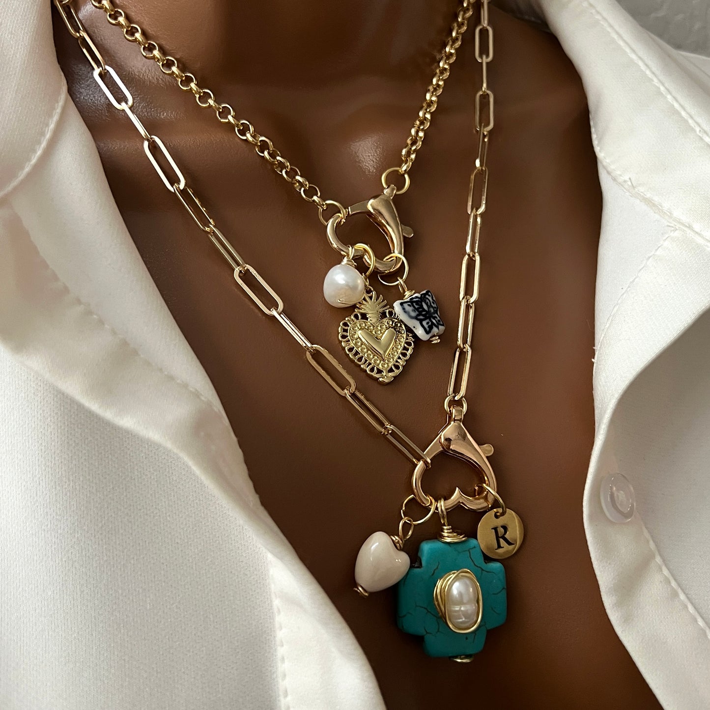 Carabiner necklace, Chunky charm necklace, Custom gold vintage, handmade Christmas gift women, paperclip necklace, pearl pendant