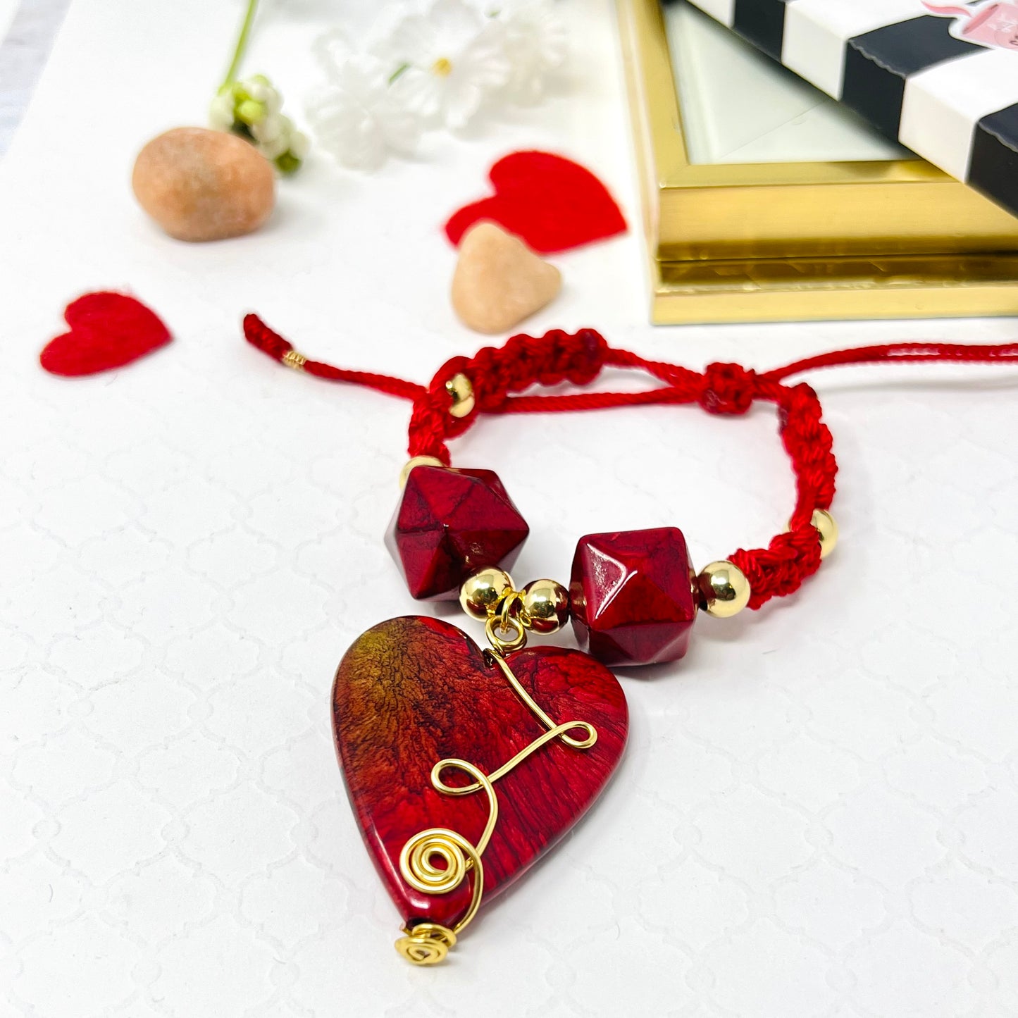 Red heart bracelet with gold plated beads woven macramé