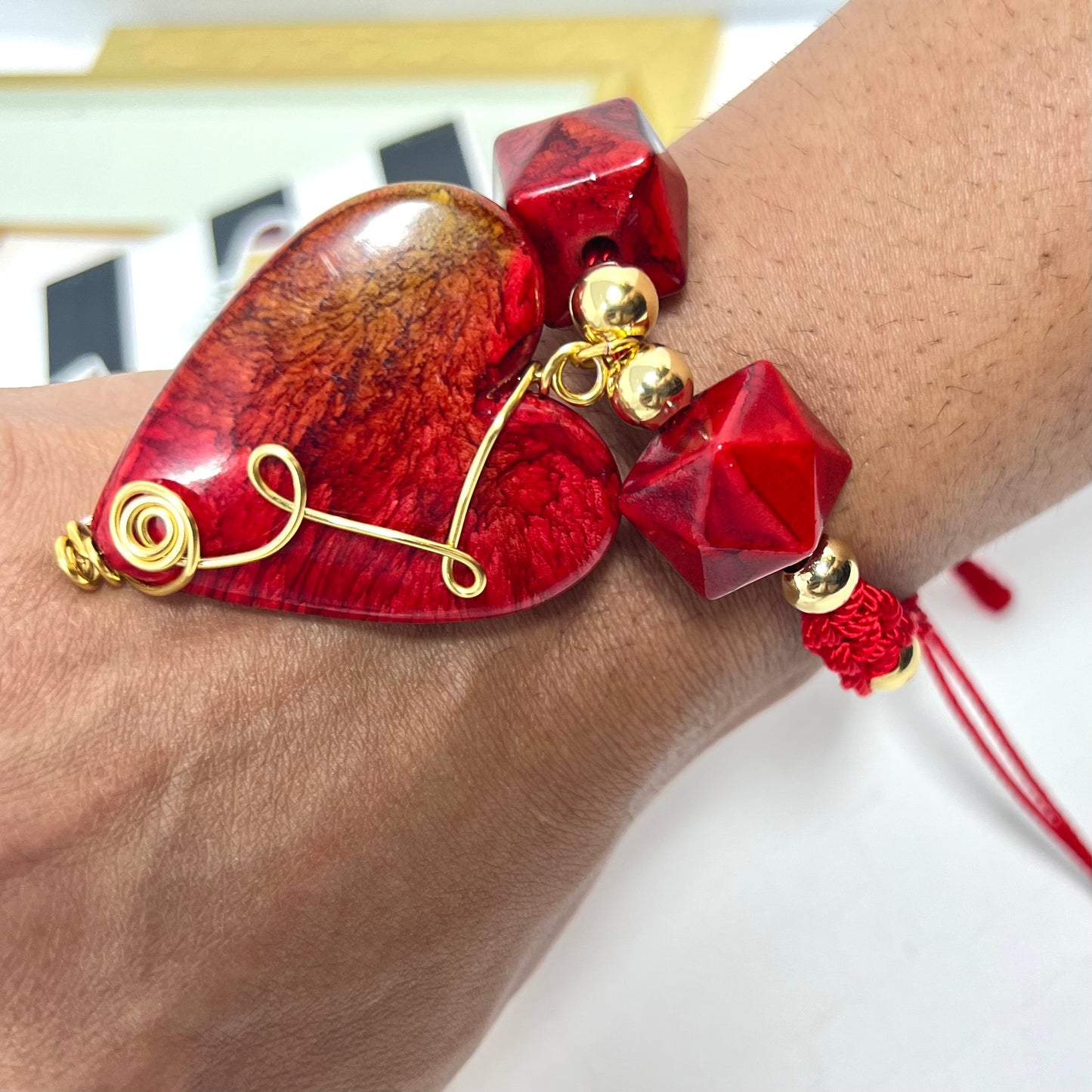 Red heart bracelet with gold plated beads woven macramé