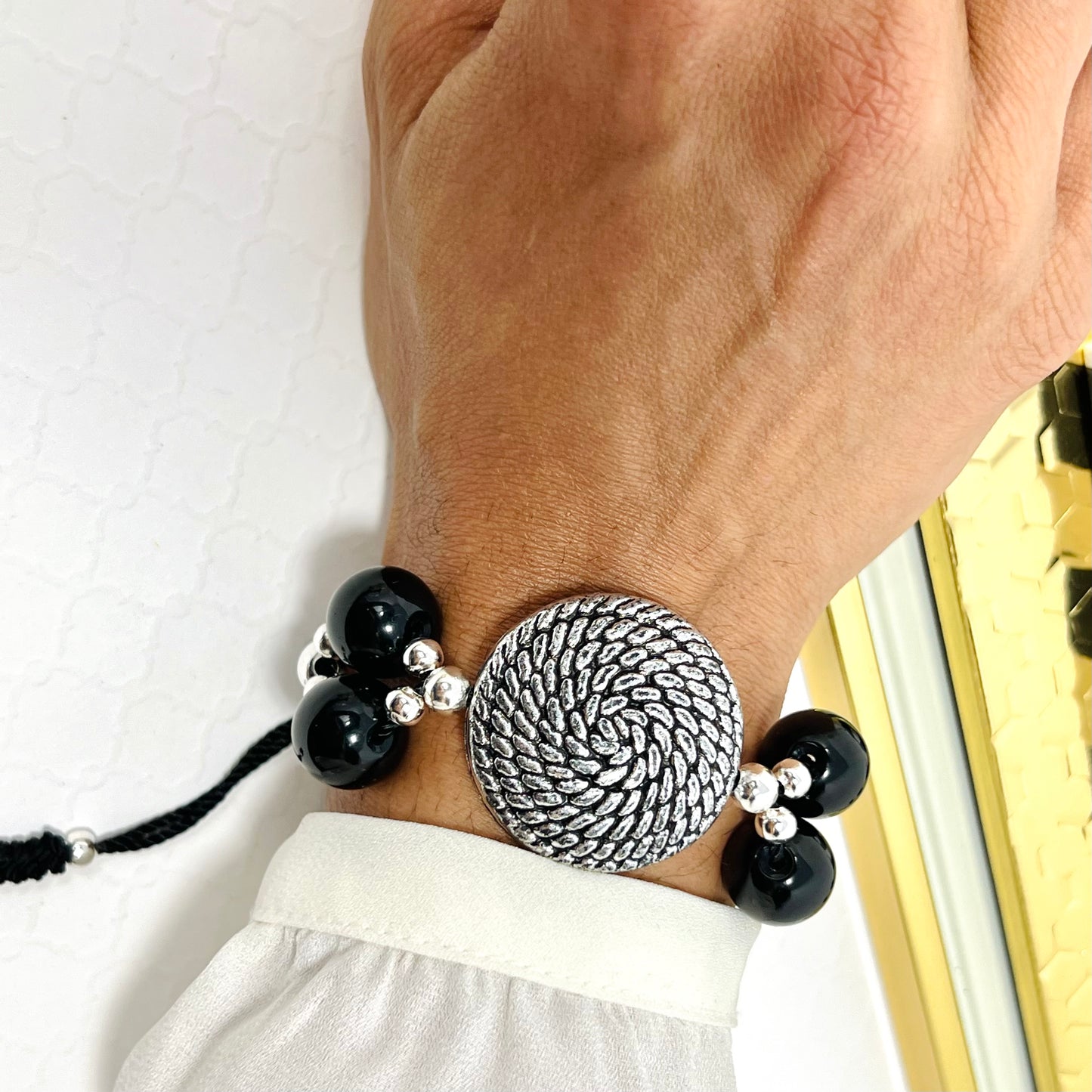 Black Beaded Bracelet With Silver Adjustable  Woven Macrame