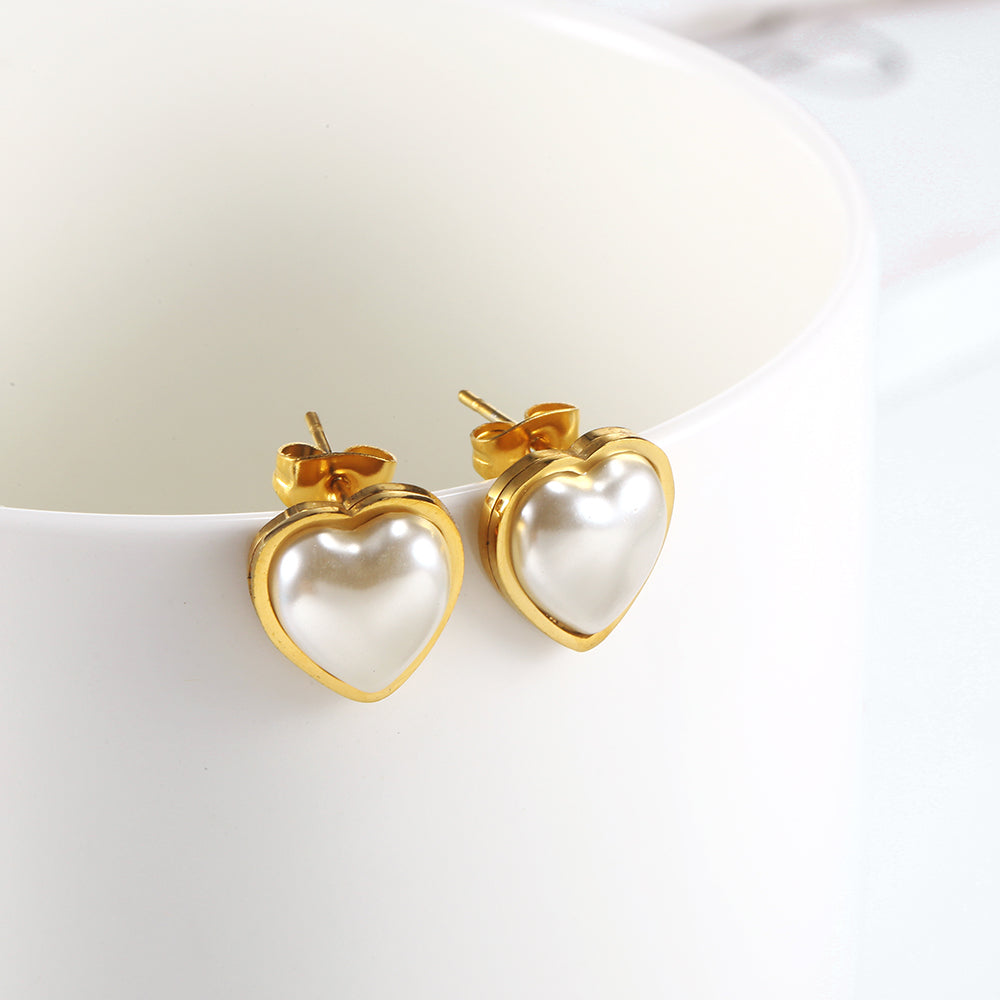 Stainless Steel Pearl Heart Stud Earrings, Dainty Gold Earrings, Post Earrings For Women