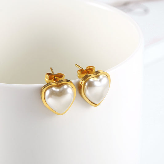Stainless Steel Pearl Heart Stud Earrings, Dainty Gold Earrings, Post Earrings For Women