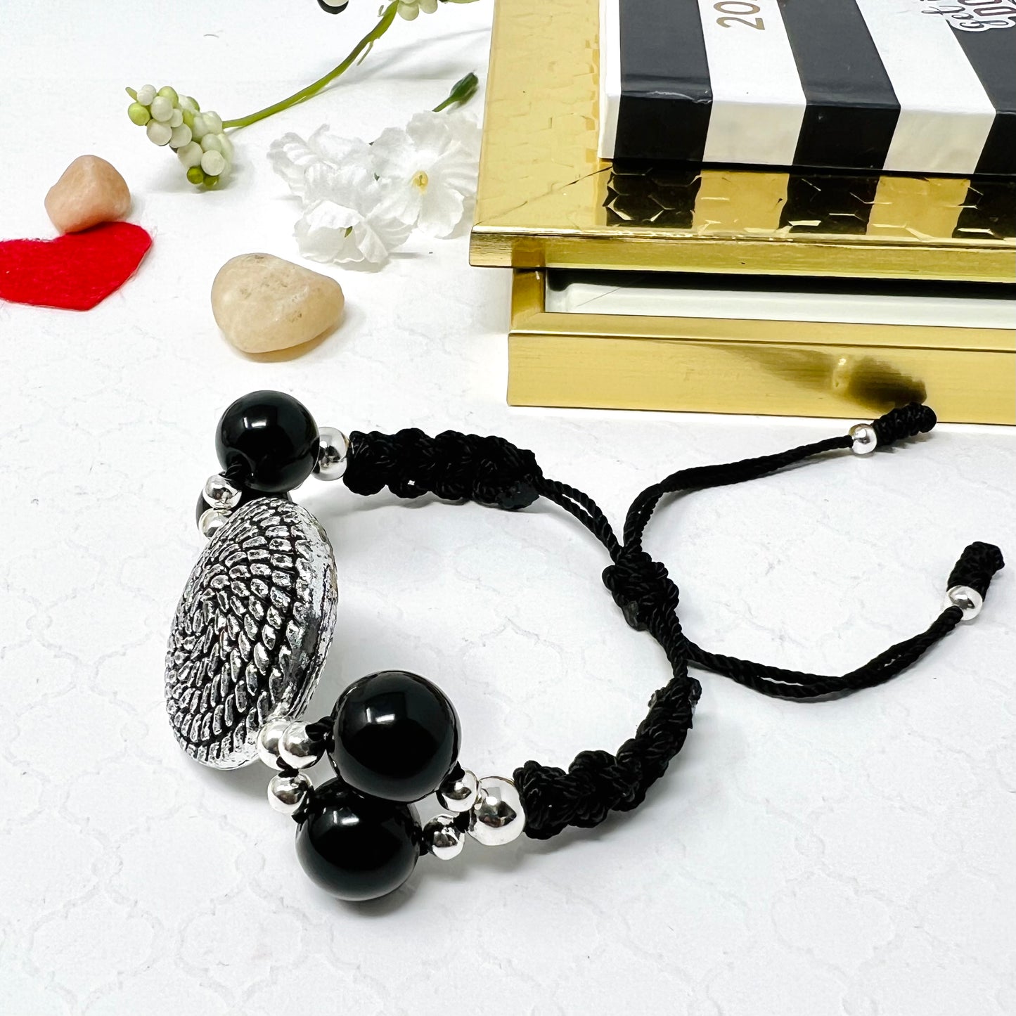 Black Beaded Bracelet With Silver Adjustable  Woven Macrame