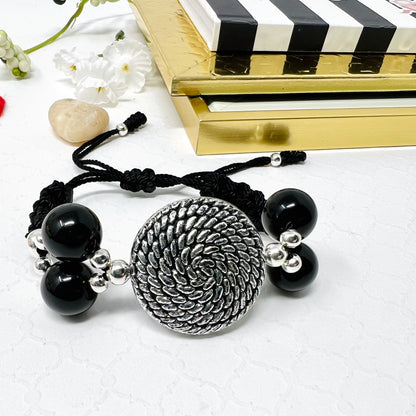Black Beaded Bracelet With Silver Adjustable  Woven Macrame