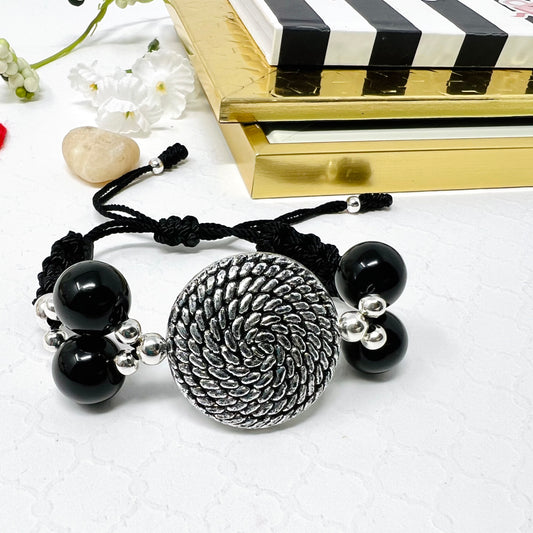 Black Beaded Bracelet With Silver Adjustable  Woven Macrame