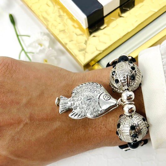 Silver And Black Beaded Bracelet