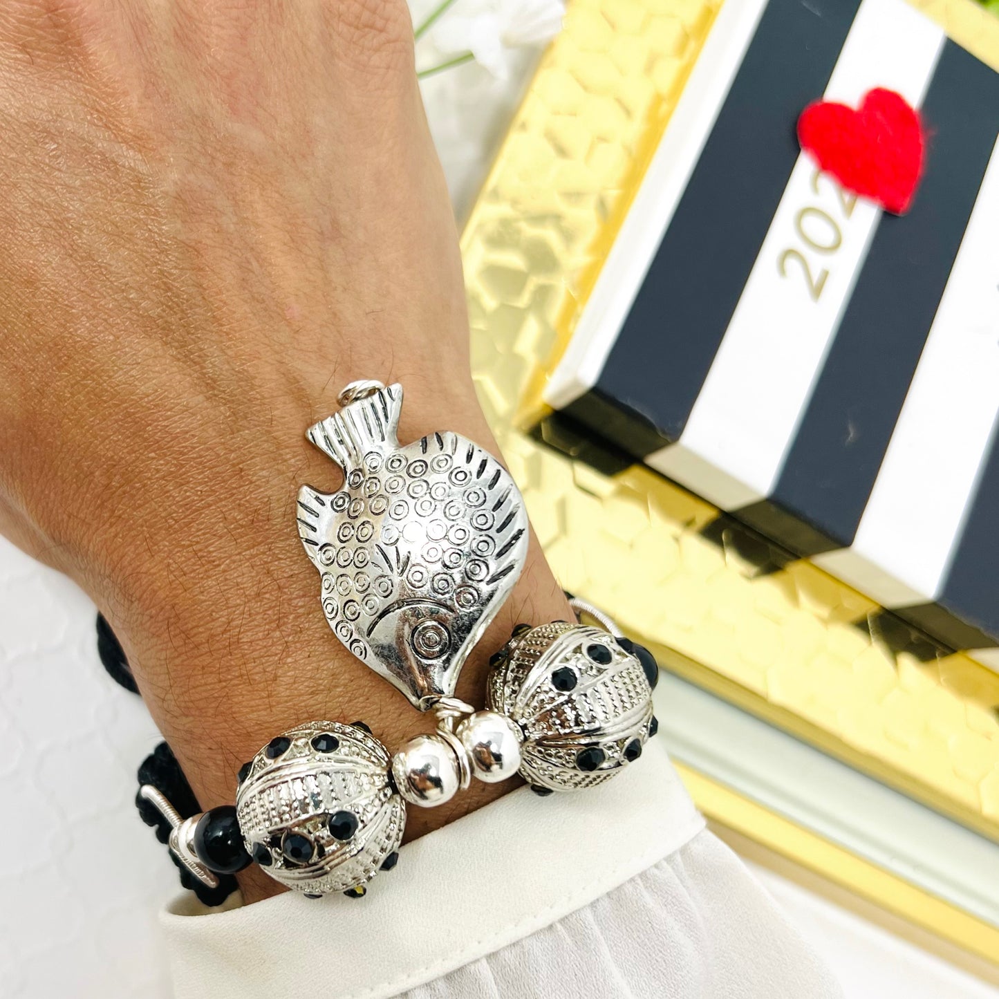 Silver And Black Beaded Bracelet