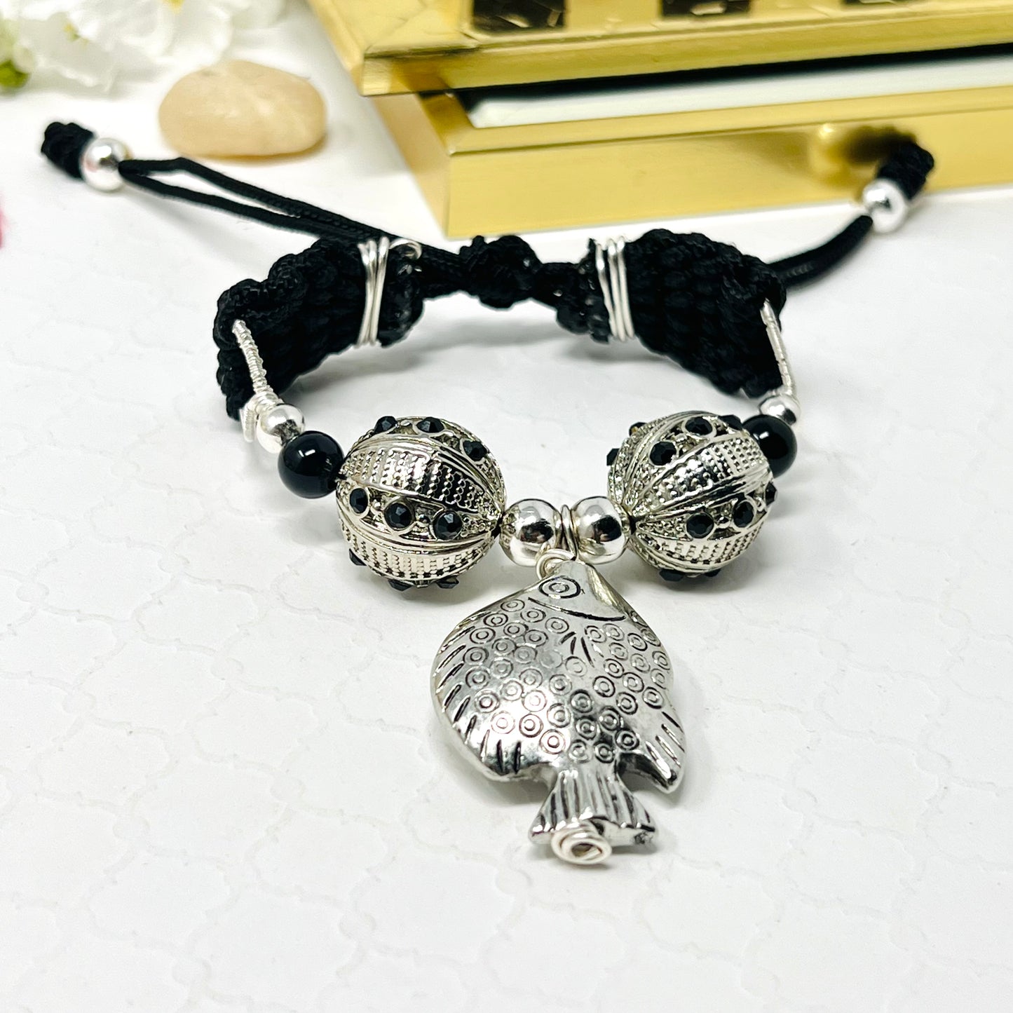 Silver And Black Beaded Bracelet