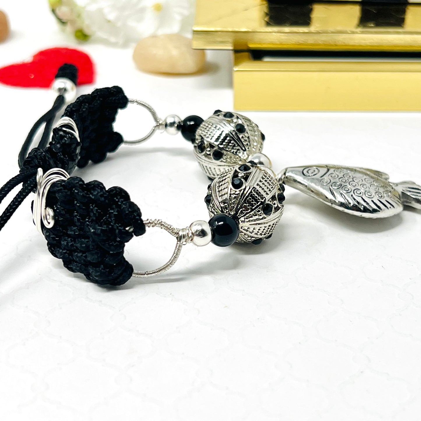 Silver And Black Beaded Bracelet