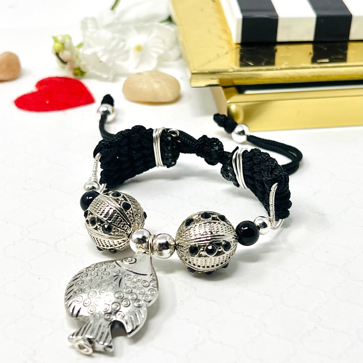 Silver And Black Beaded Bracelet