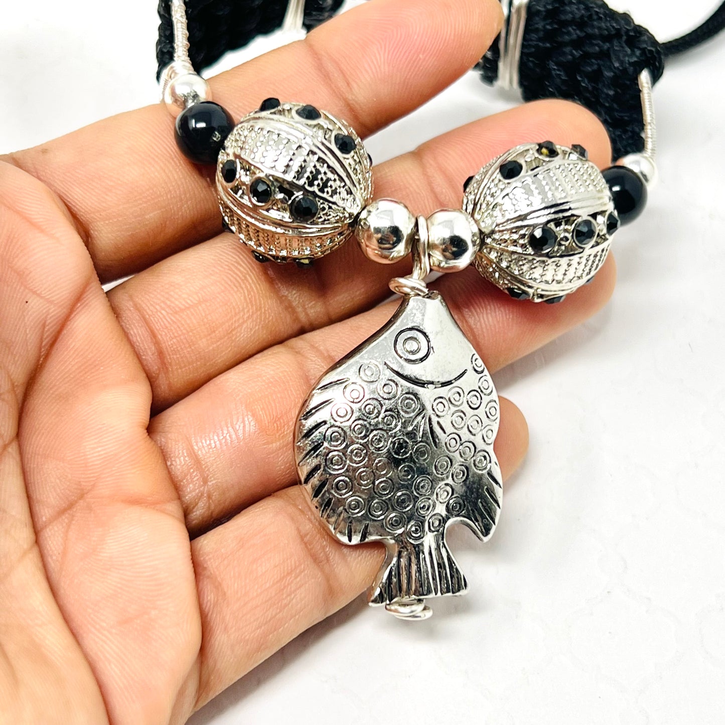 Silver And Black Beaded Bracelet
