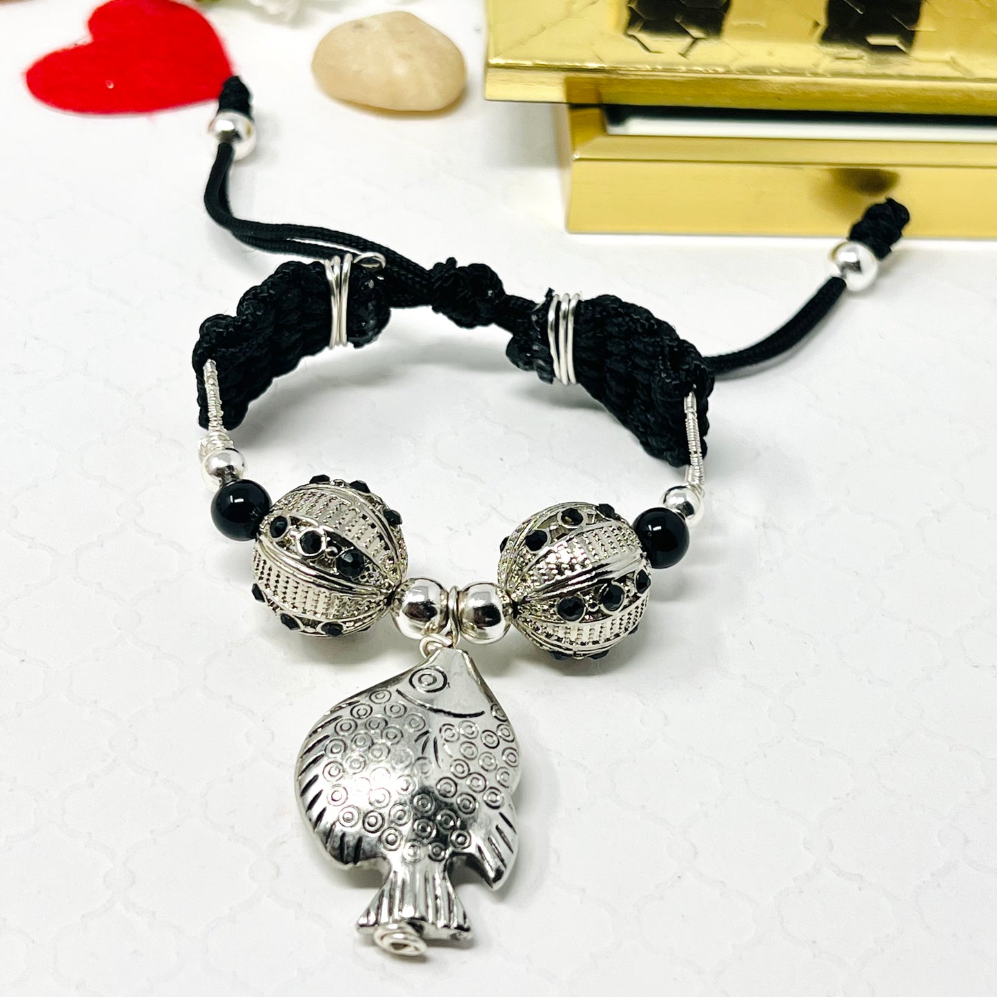 Silver And Black Beaded Bracelet