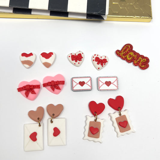 Polymer Clay Heart Earring, Valentine’s Envelope Earrings for Her, Stud Dangle Heart Earrings, Valentines Gift for her