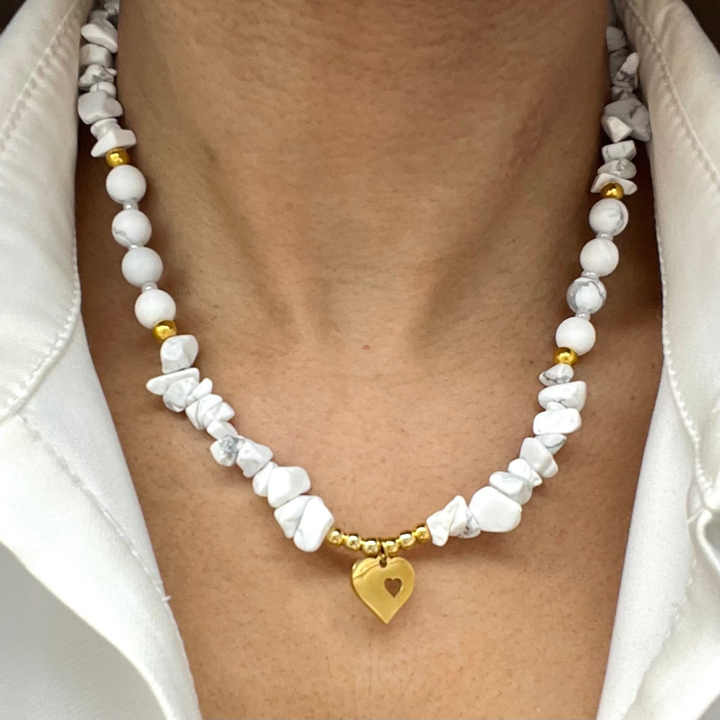 White Bead Necklace And Pendant In Stainless Steel