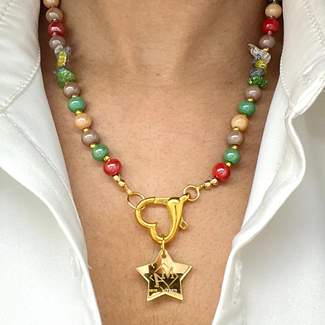 Multicolored Ceramic Bead Necklace With Gold Laminated Heart Closure