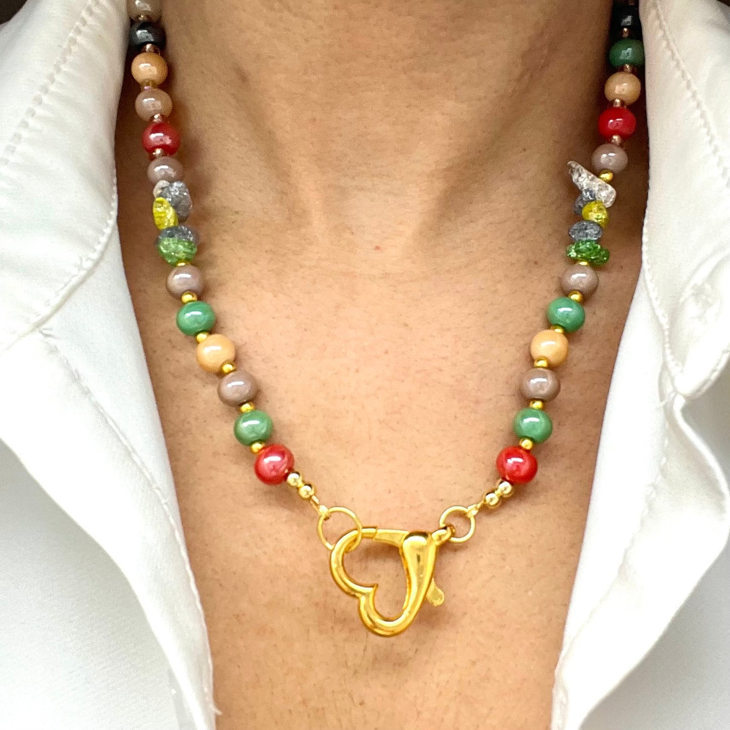 Multicolored Ceramic Bead Necklace With Gold Laminated Heart Closure
