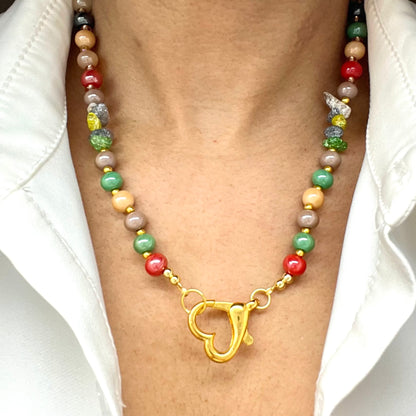 Multicolored Ceramic Bead Necklace With Gold Laminated Heart Closure
