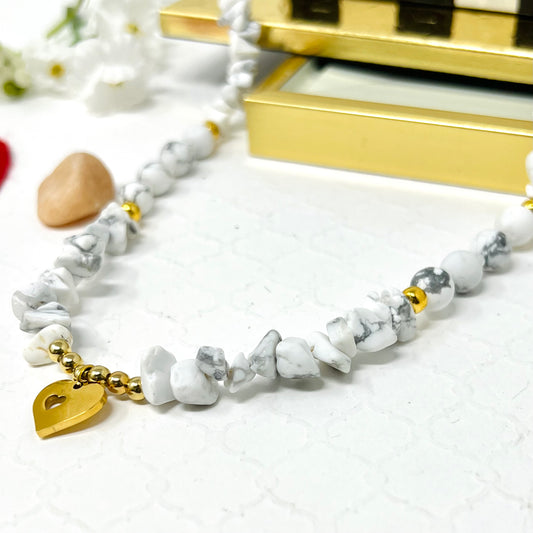 White Bead Necklace And Pendant In Stainless Steel