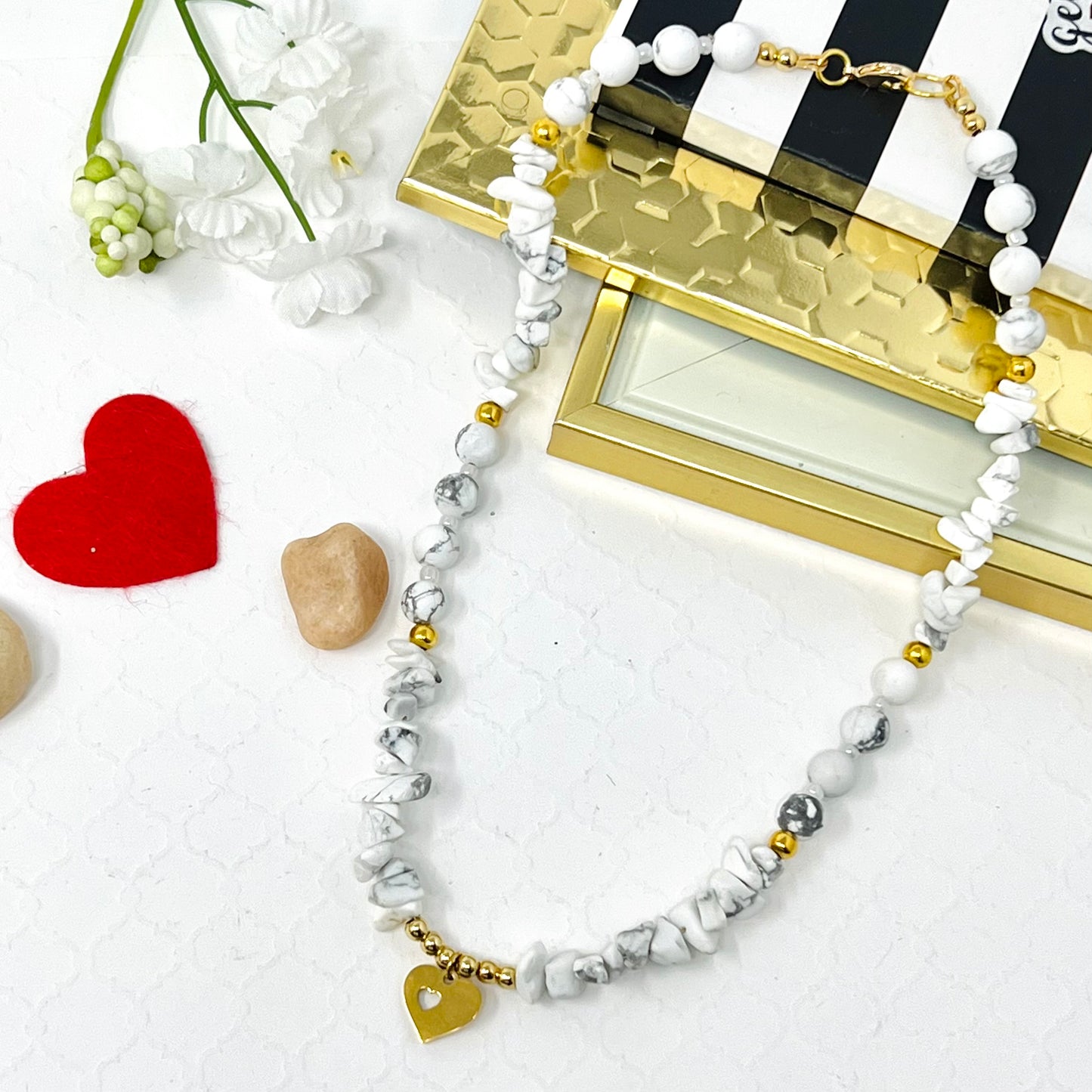 White Bead Necklace And Pendant In Stainless Steel