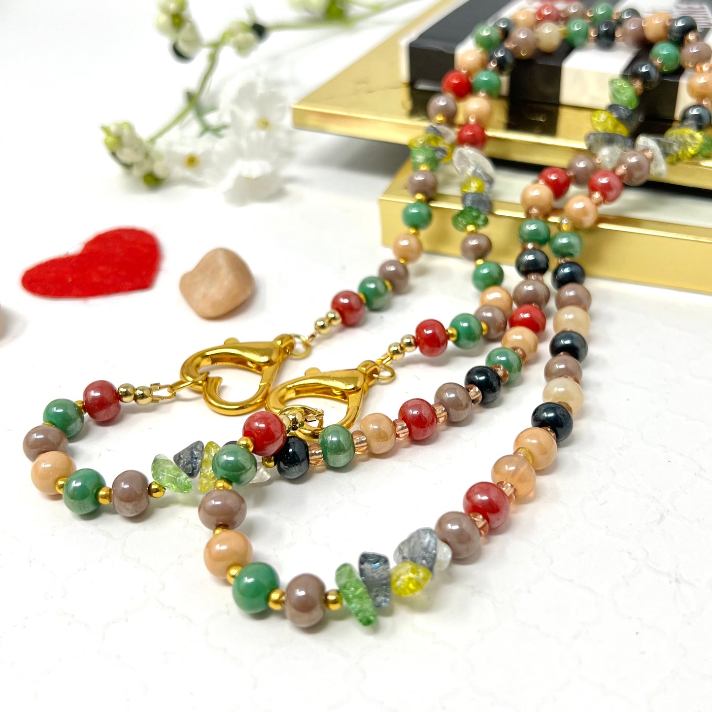 Multicolored Ceramic Bead Necklace With Gold Laminated Heart Closure