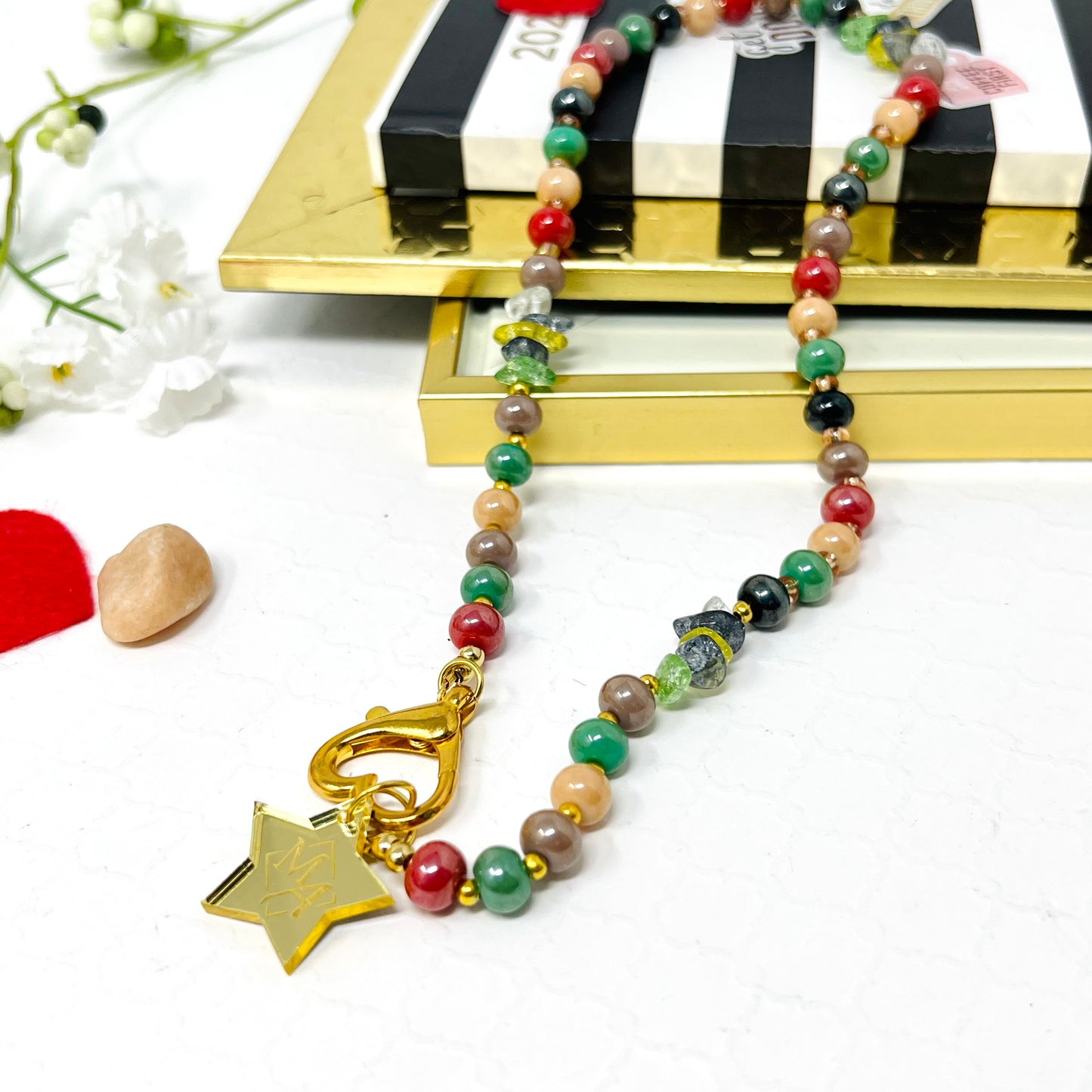 Multicolored Ceramic Bead Necklace With Gold Laminated Heart Closure