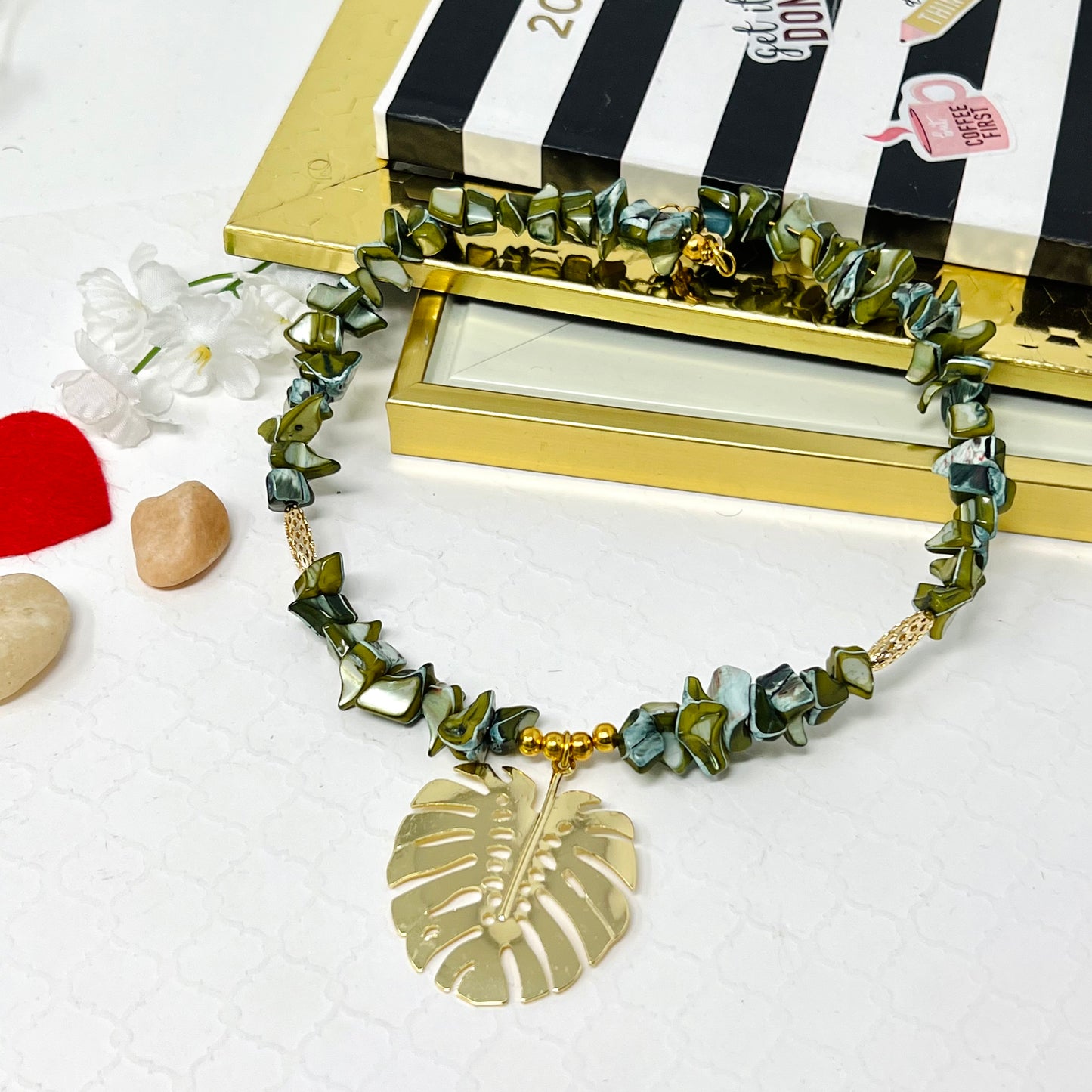 Green Chopped Beads Necklace And Gold Laminated Leaf Pendant