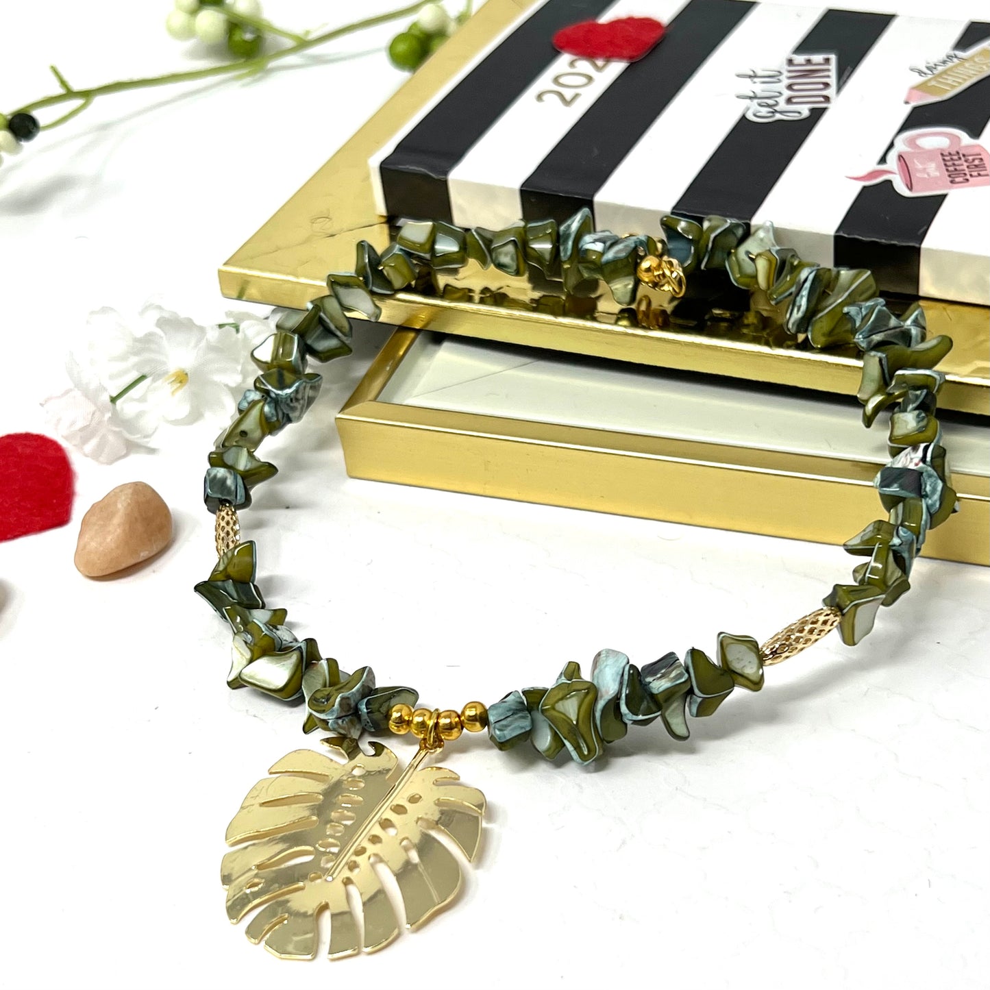 Green Chopped Beads Necklace And Gold Laminated Leaf Pendant