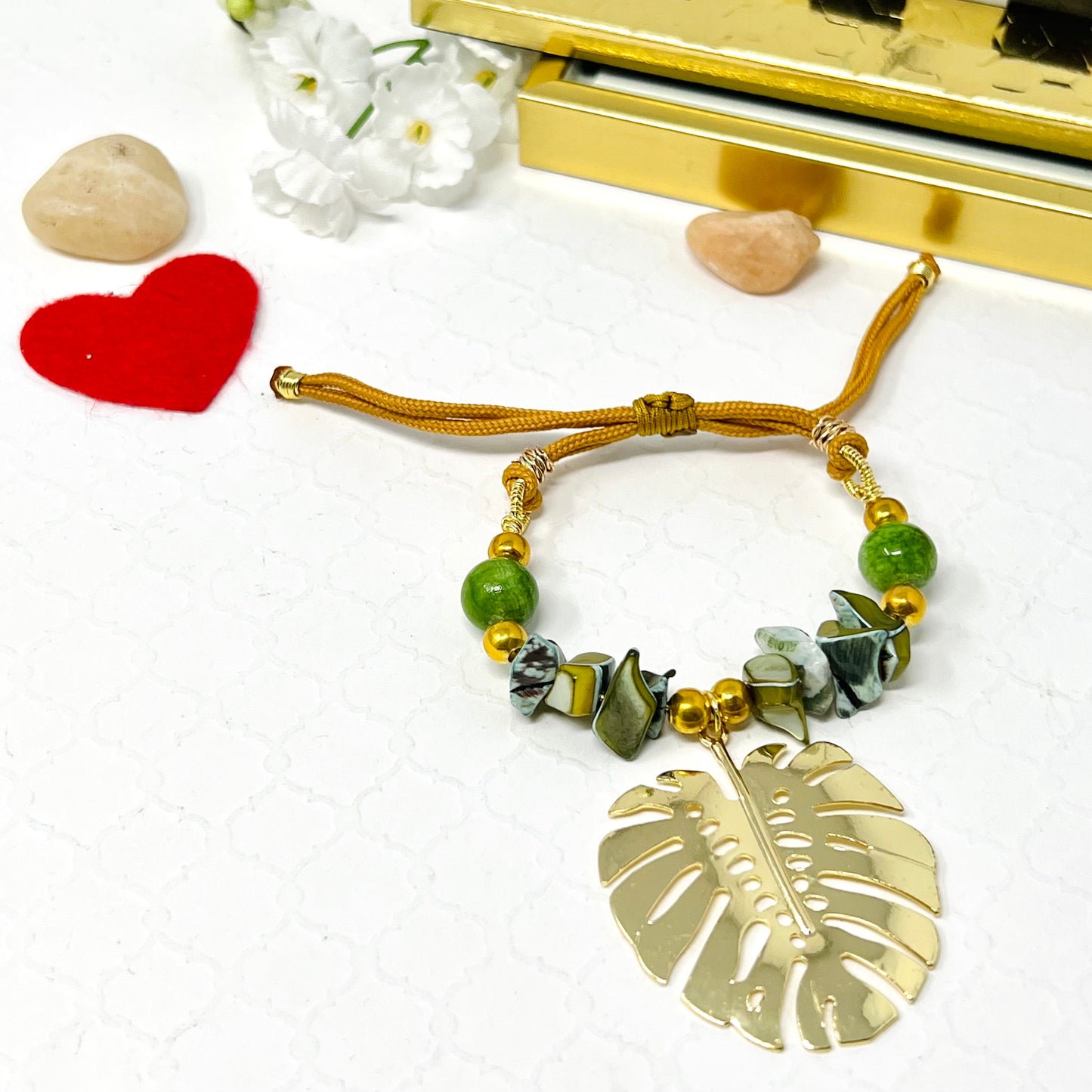 Gold Plated Monstera Leaf And Green Beads Bracelet