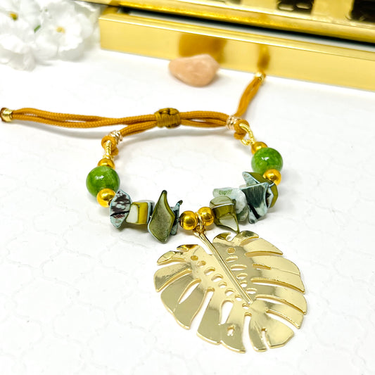 Gold Plated Monstera Leaf And Green Beads Bracelet