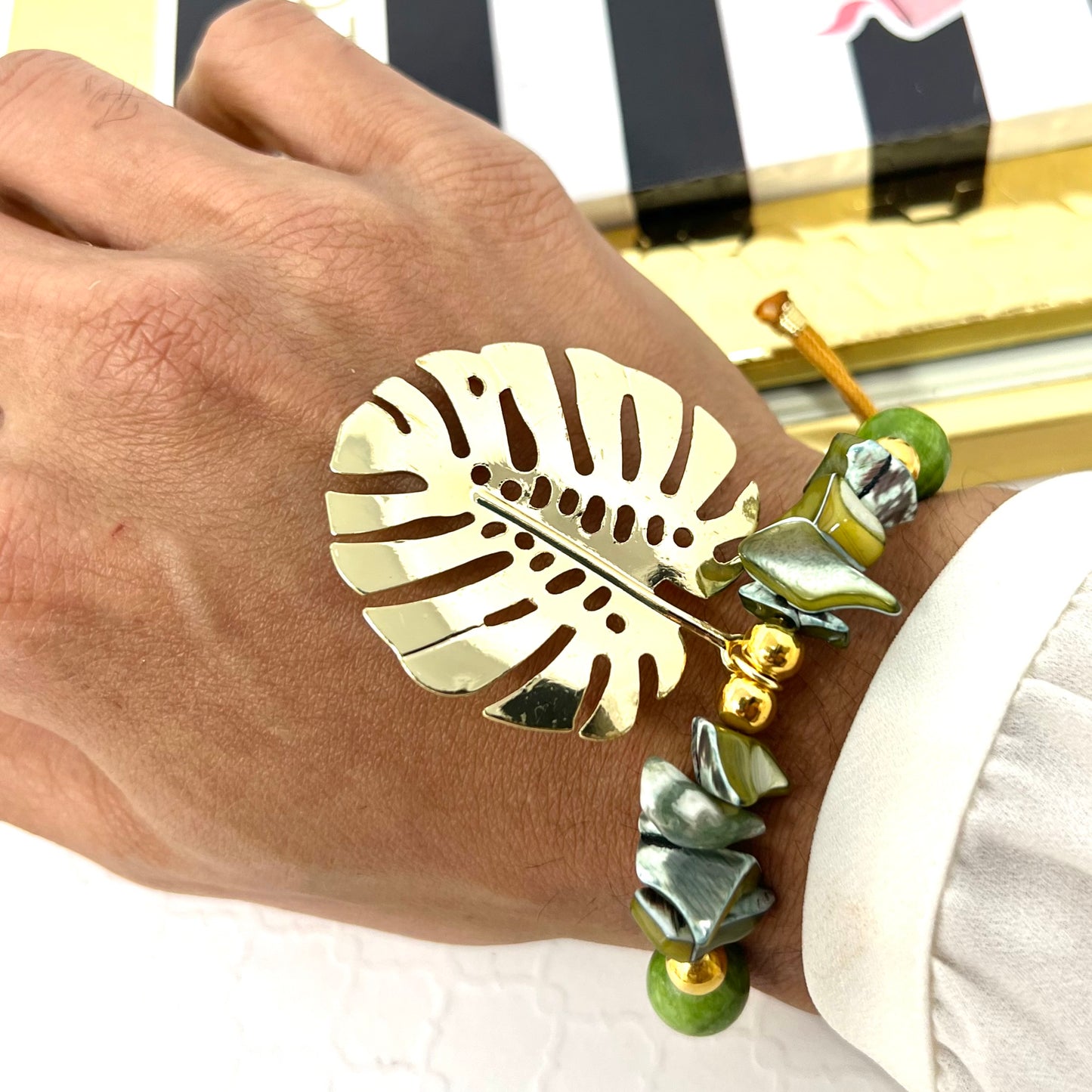 Gold Plated Monstera Leaf And Green Beads Bracelet