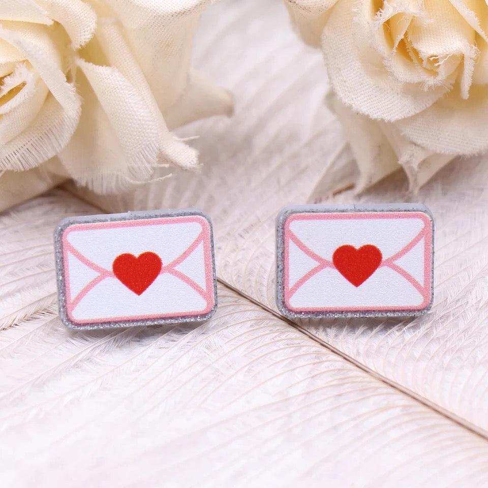 Polymer Clay Heart Earring, Valentine’s Envelope Earrings for Her, Stud Dangle Heart Earrings, Valentines Gift for her